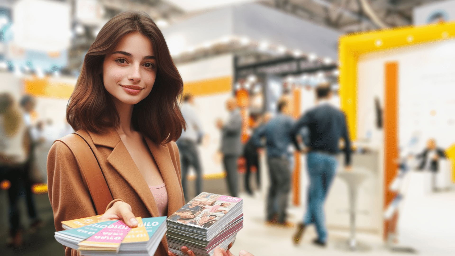 hostess per fiere ed eventi che consegna gadgets e volantini