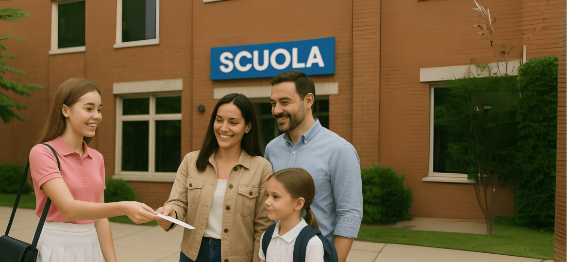 Distribuzioni davanti alle scuole di volantini pubblcitari per paete di una hostess